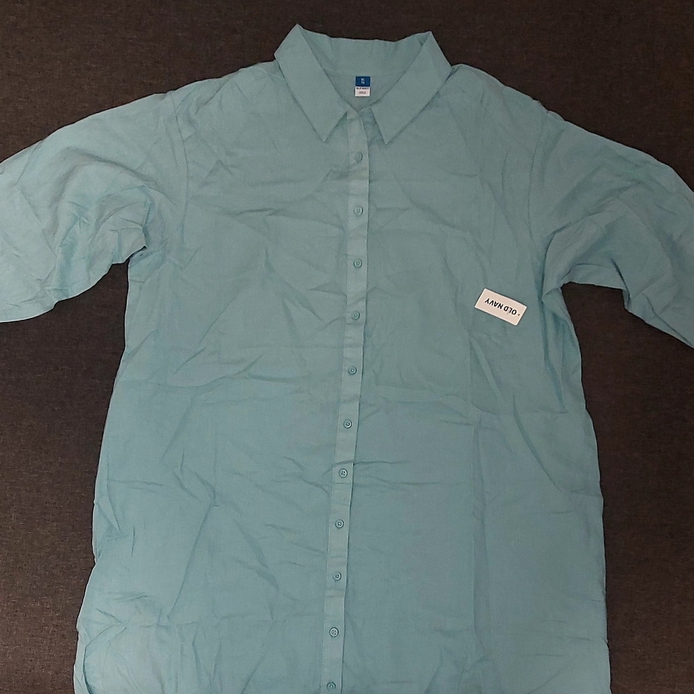 Old Navy Maxi Shirt Dress Long Sleeve Button Front Linen Rayon Blue XL